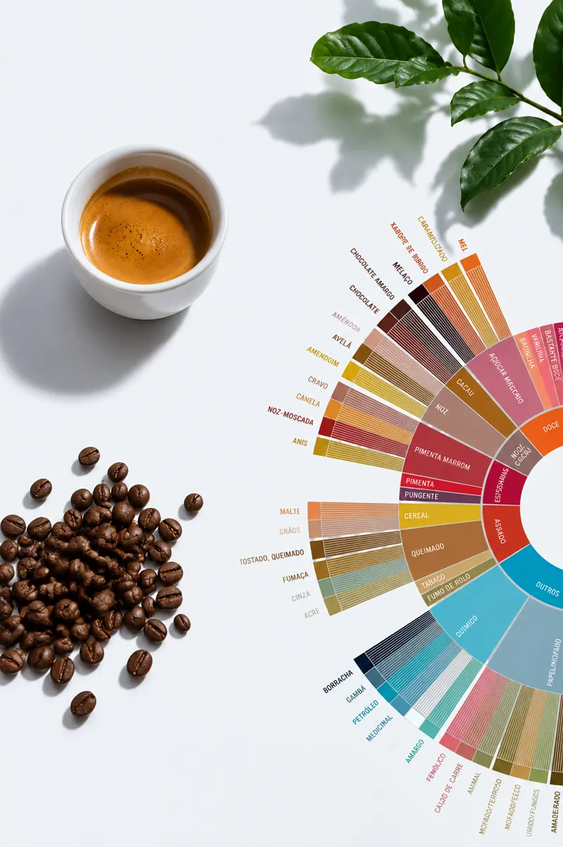 Roda de sabores do café com grãos, xícara e notas sensoriais