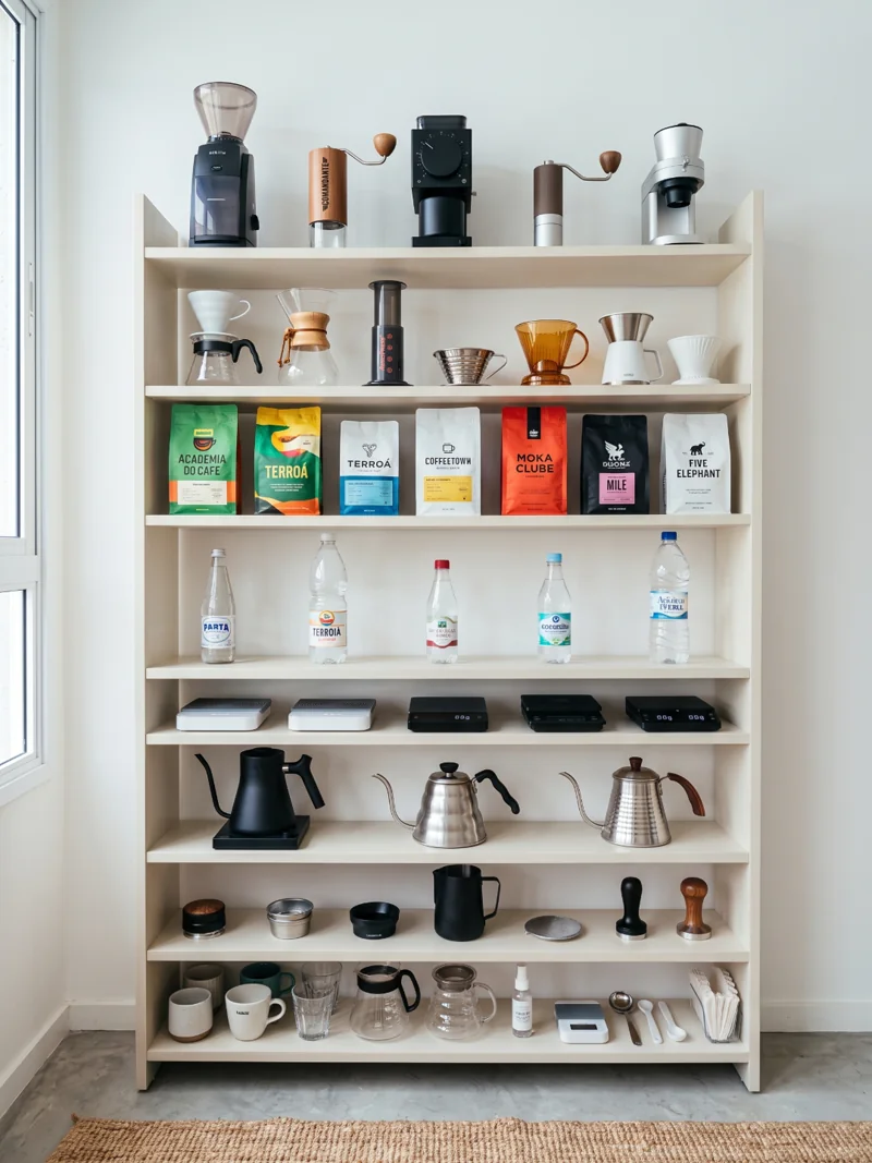 Estação de café homebarista com moedor, métodos e acessórios organizados